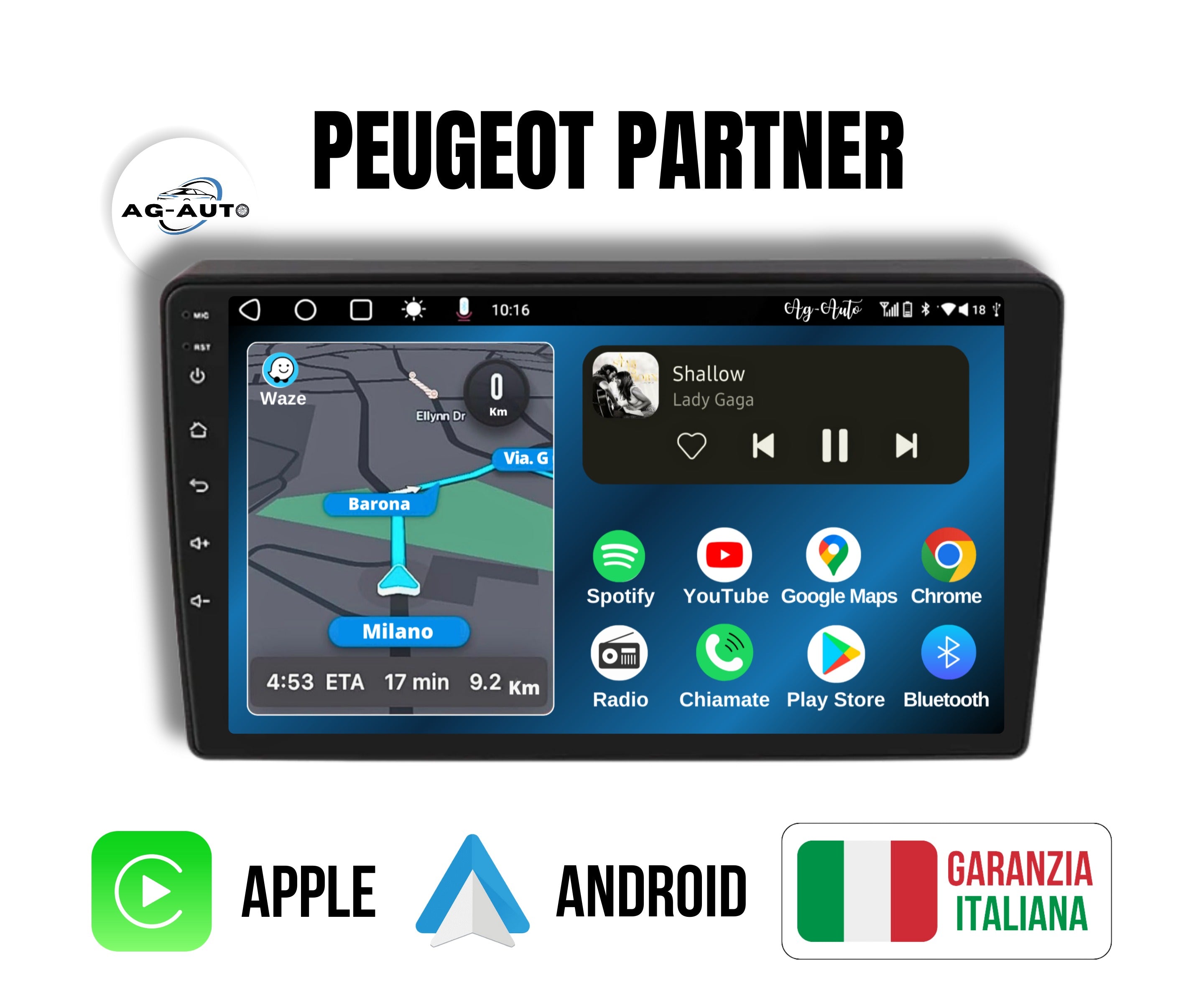 Peugeot Partner | 9 pollici - Mascherina inclusa Autoradio 2 Din Android auto + Carplay / Stereo Touch 2/64gb | Navigatore GPS + Bluetooth + Wifi