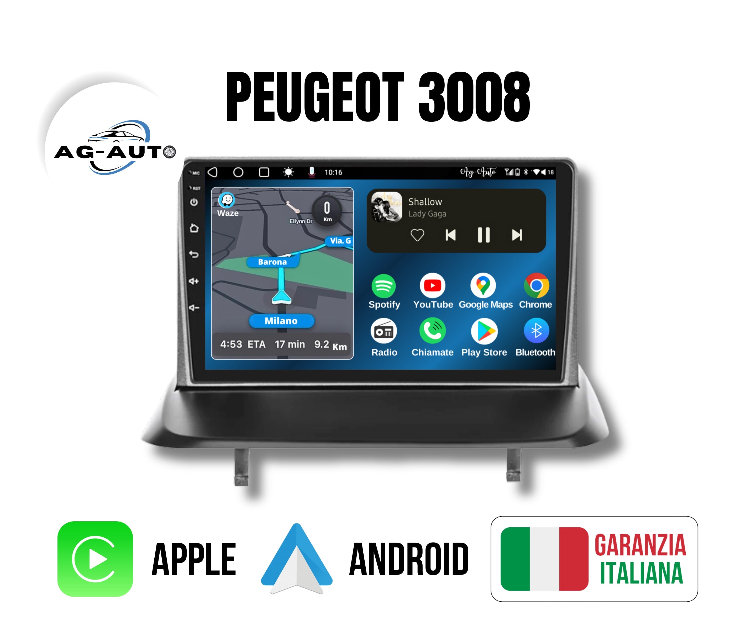 Peugeot 3008 | 9 pollici - Mascherina inclusa Autoradio 2 Din Android auto + Carplay / 1 & 2 serie Stereo Touch 2/64gb - 4/64gb | Navigatore GPS + Bluetooth + Wifi