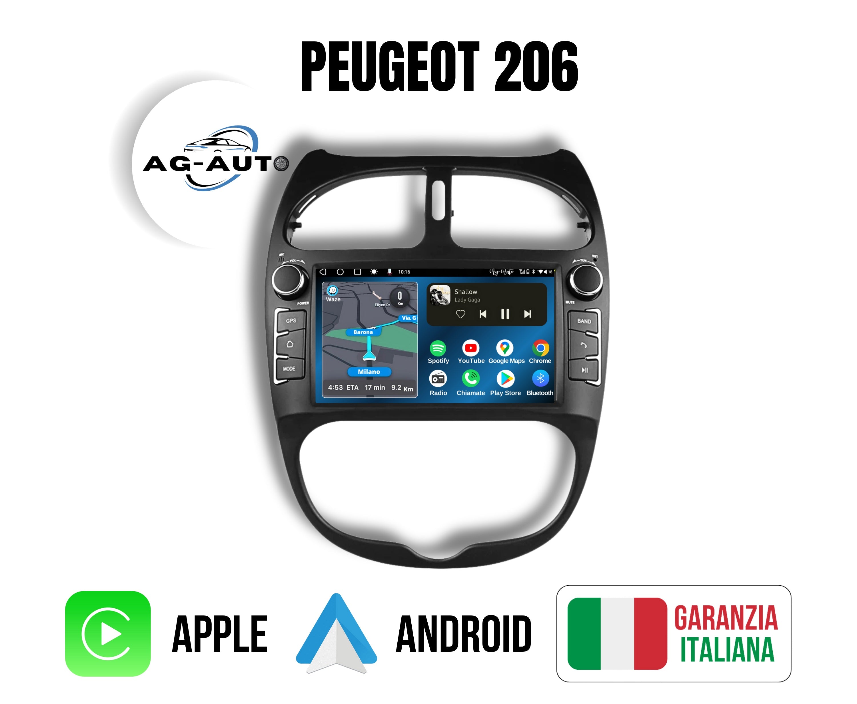 Peugeot 206 - 206 cc - sw | Mascherina inclusa Autoradio 2 Din Android auto + Carplay / Stereo Touch 2/32gb | Navigatore GPS + Bluetooth + Wifi