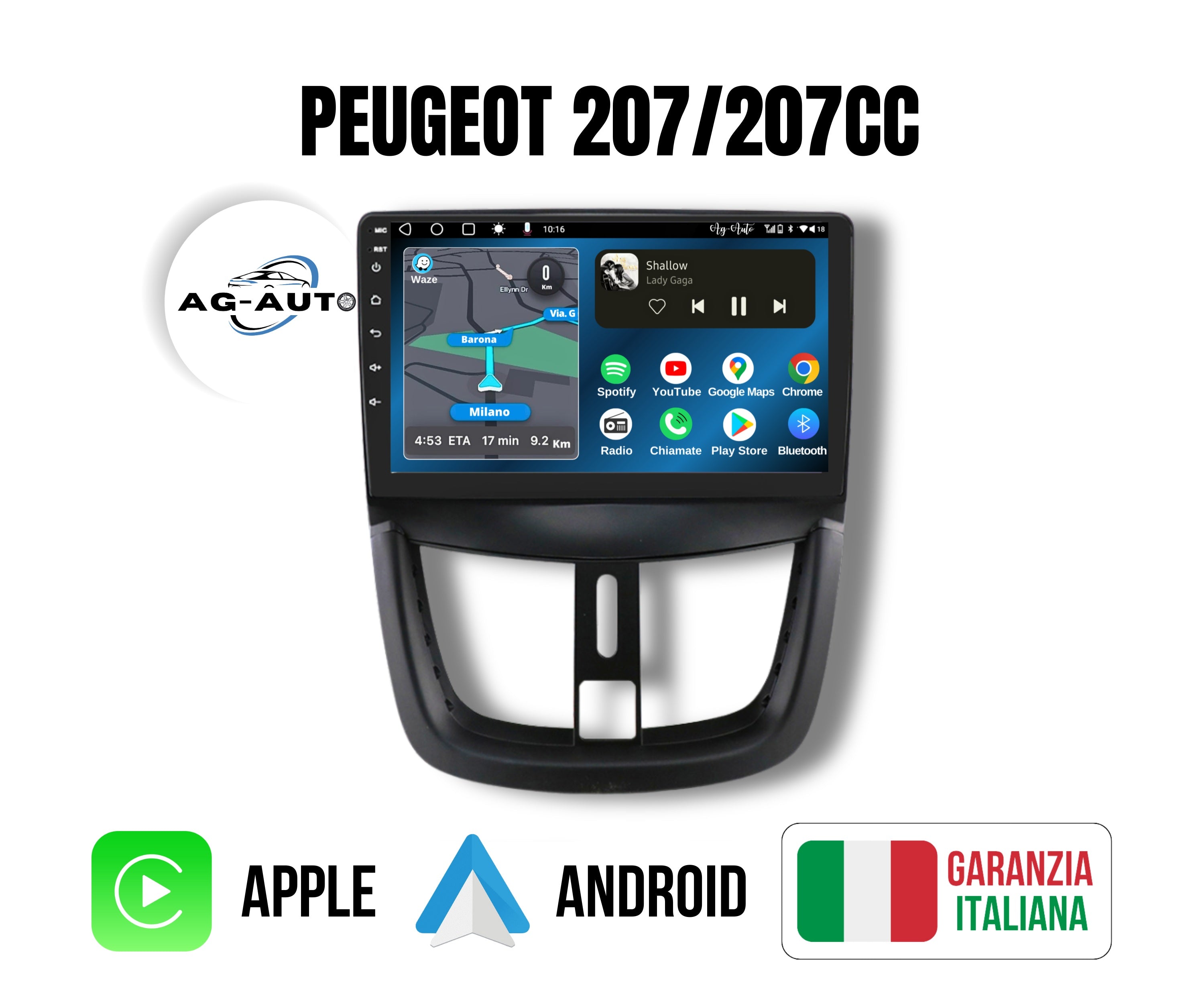 Peugeot 207 & 207cc | 9 pollici - Mascherina inclusa Autoradio 2 Din Android auto + Carplay / Stereo Touch 2/64gb - 4/64gb | Navigatore GPS + Bluetooth + Wifi