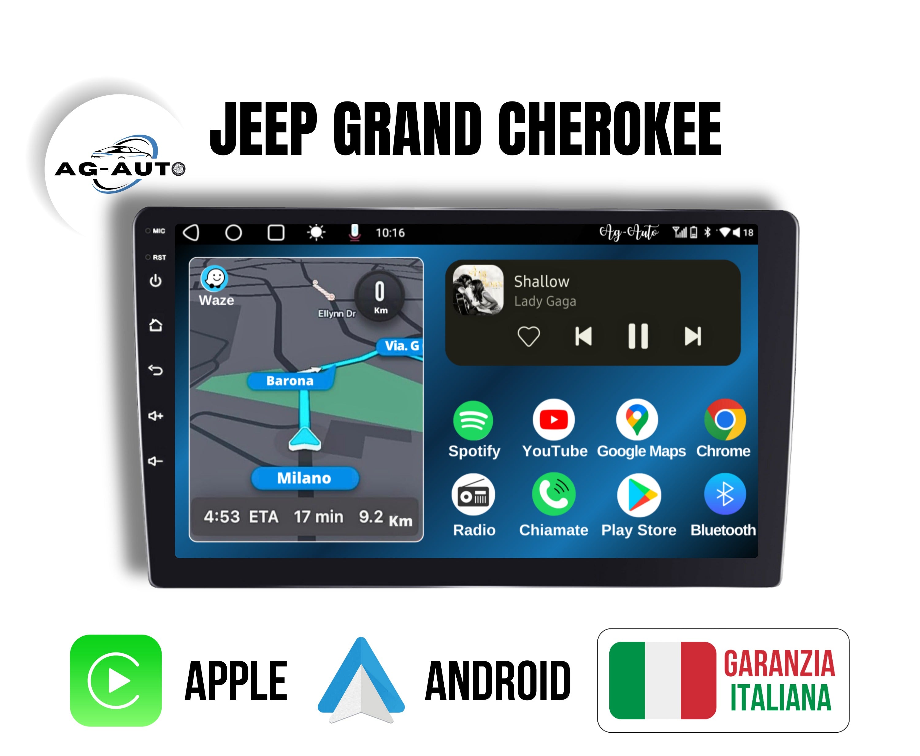 Jeep Grand Cherokee | 9 Pollici - Mascherina inclusa - Autoradio 2 Din Android auto + Carplay / Stereo Touch 2/64gb | Navigatore GPS + Bluetooth + Wifi