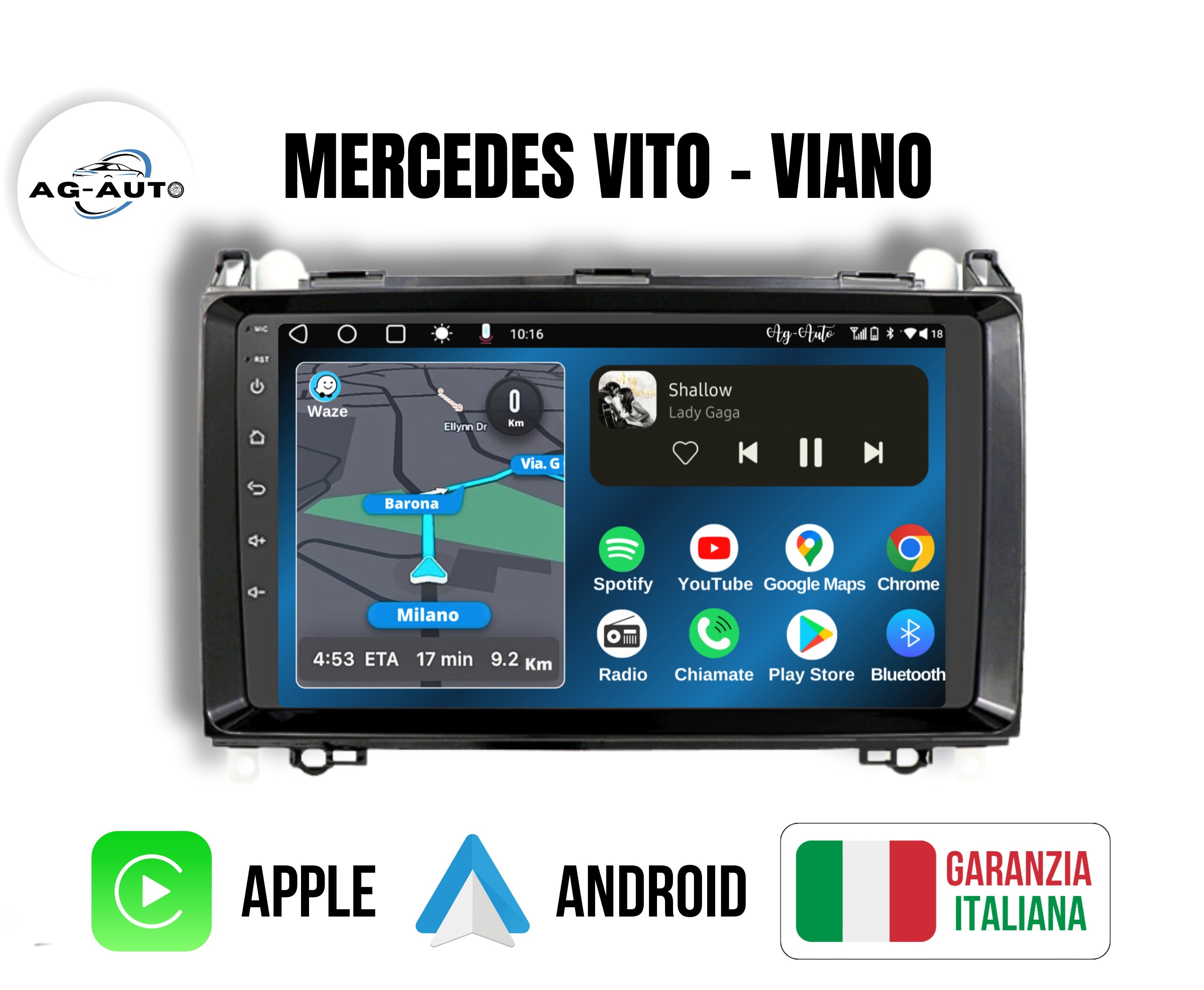 Mercedes Vito & Viano | 9 pollici | Mascherina Inclusa - Autoradio 2 Din Android auto + Carplay / Stereo Touch 2/64gb | Navigatore GPS + Bluetooth + Wifi