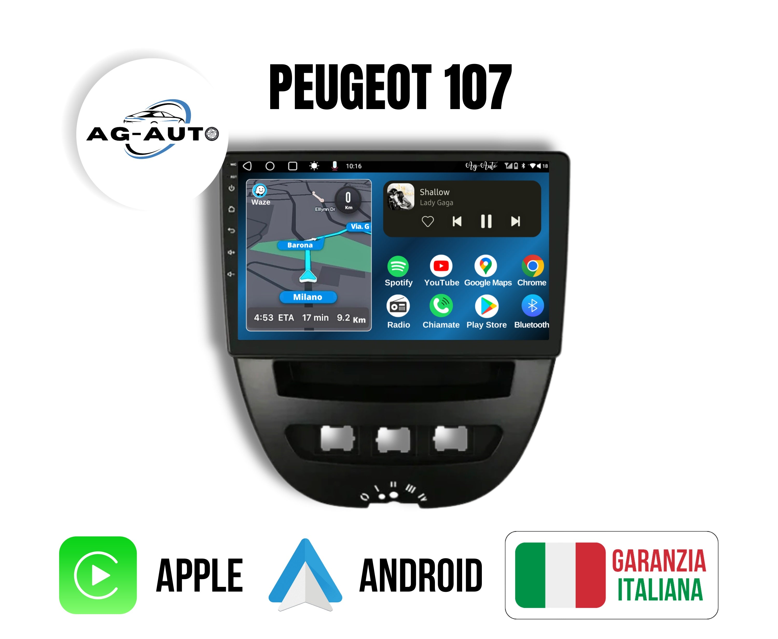 Peugeot 107 | 9 pollici - Mascherina inclusa Autoradio 2 Din Android auto + Carplay / Stereo Touch 2/64gb - 4/64gb | Navigatore GPS + Bluetooth + Wifi