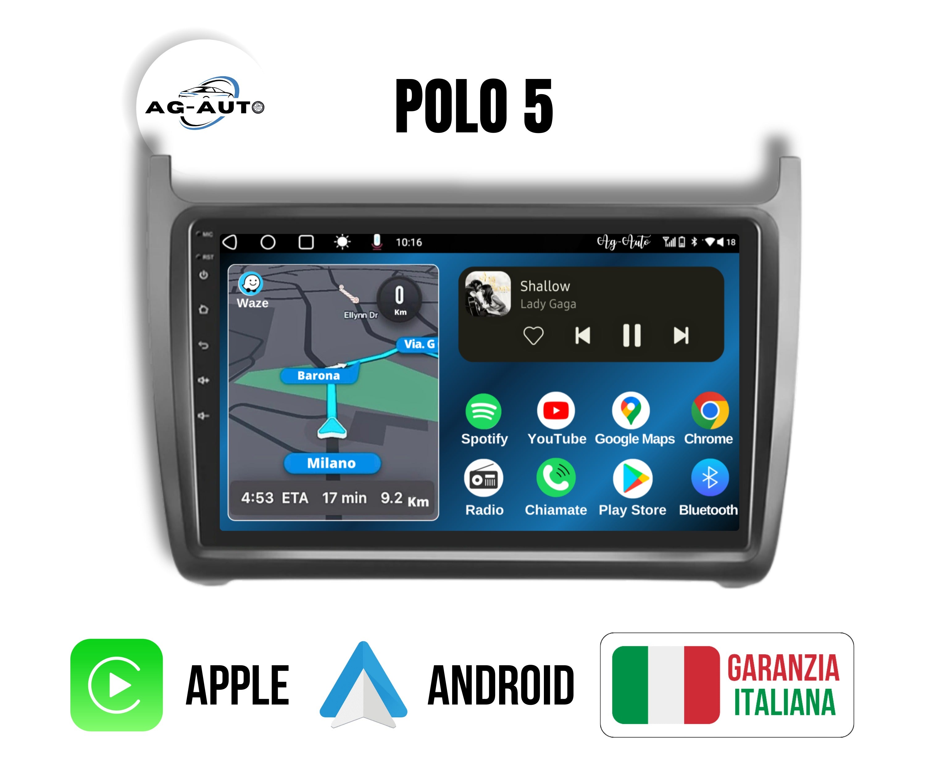 Volkswagen Polo 5 | 9 Pollici - Mascherina Inclusa Autoradio 2 Din Android auto + Carplay | vw Stereo Touch | Navigatore GPS + Bluetooth + Wifi