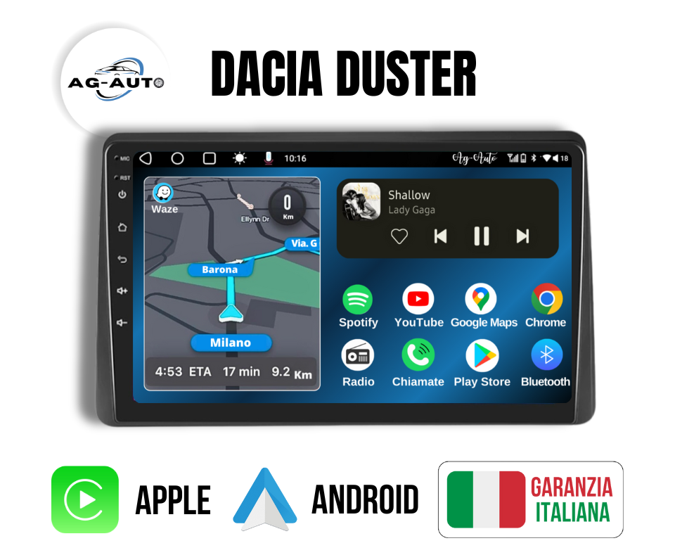 Dacia Duster 1&2 | 10 pollici - Mascherina Inclusa Autoradio 2 Din Android auto + Carplay Stereo Navigatore Touch / Car Tablet Gps + Bluetooth + Wifi