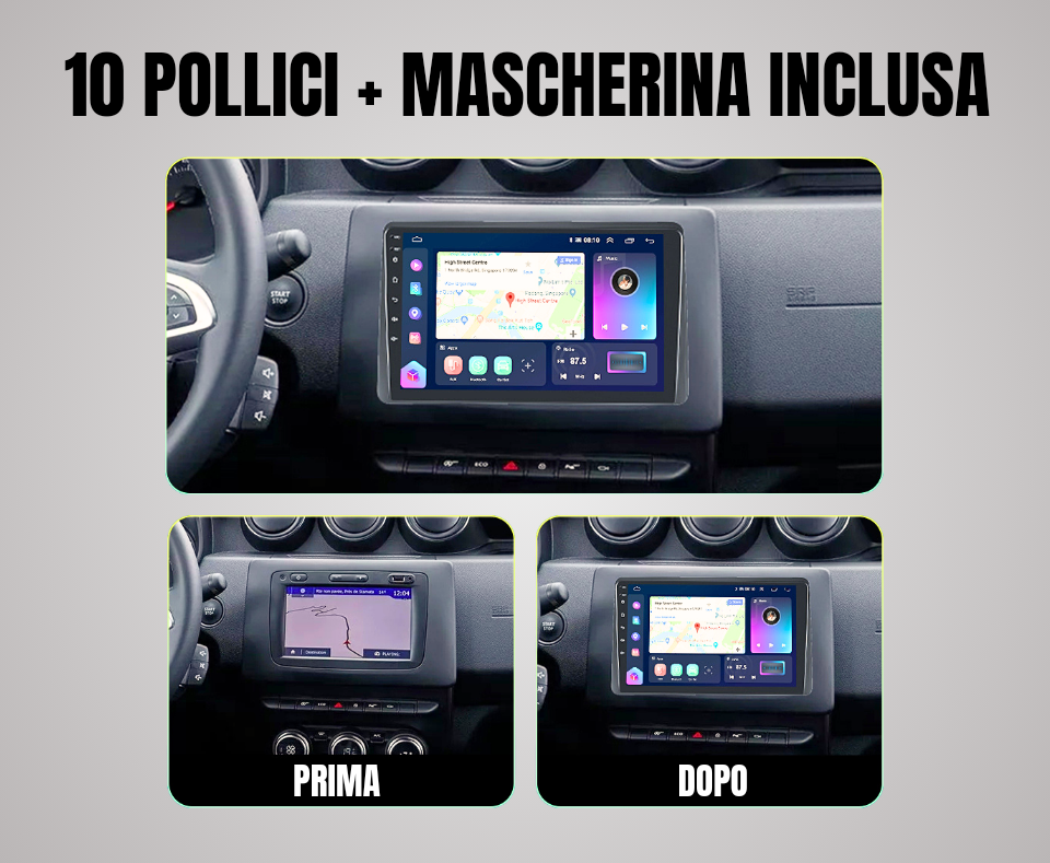 Dacia Duster 1&2 | 10 pollici - Mascherina Inclusa Autoradio 2 Din Android auto + Carplay Stereo Navigatore Touch / Car Tablet Gps + Bluetooth + Wifi