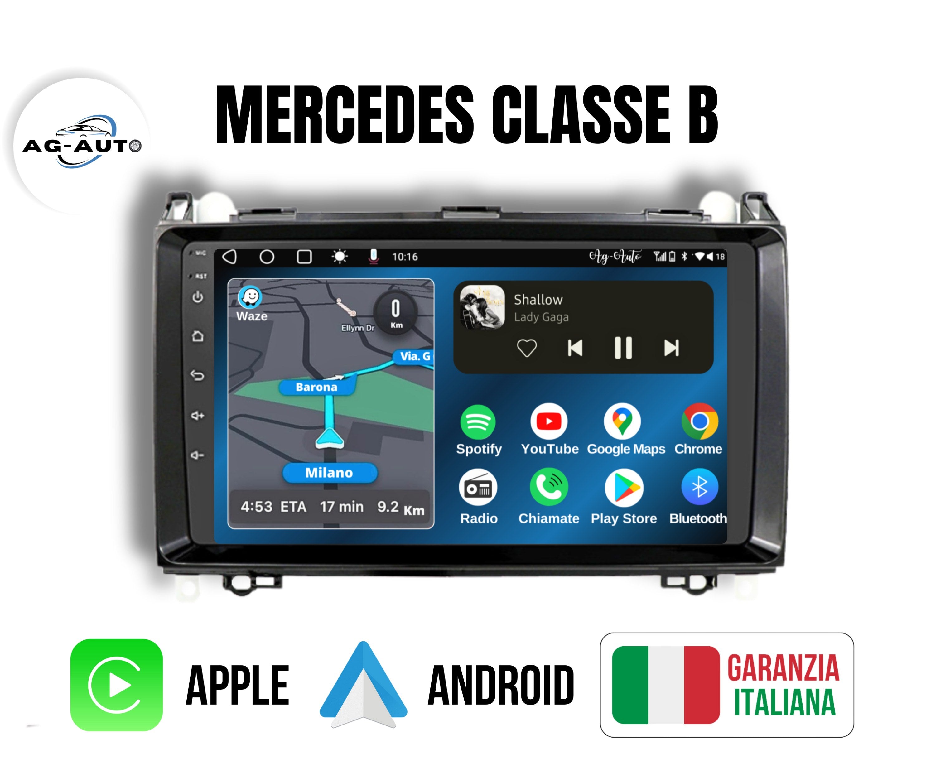 Mercedes Classe B (2004/2012) | 9 Pollici - Mascherina inclusa - Autoradio 2 Din - KIT Completo per L'installazione INCLUSO - Android auto + Carplay / Classe B Stereo Touch 2/64gb | Navigatore GPS + Bluetooth + Wifi + USB per w245 b160 b170 b180 b190 b200