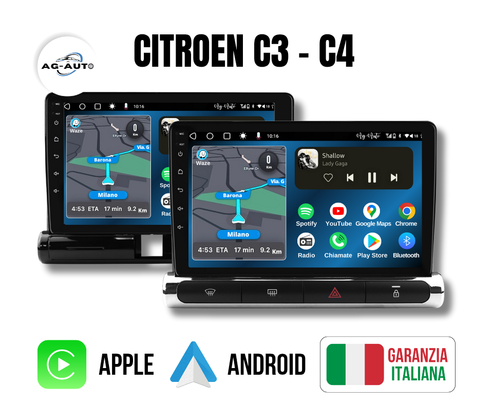 Citroen C3 & C4 (2016/2024) | 9 Pollici - Mascherina inclusa - Autoradio 2 Din Android auto + Carplay / c3 2a serie - Stereo Touch 2/32gb | Navigatore GPS + Bluetooth + Wifi + 2 porte USB