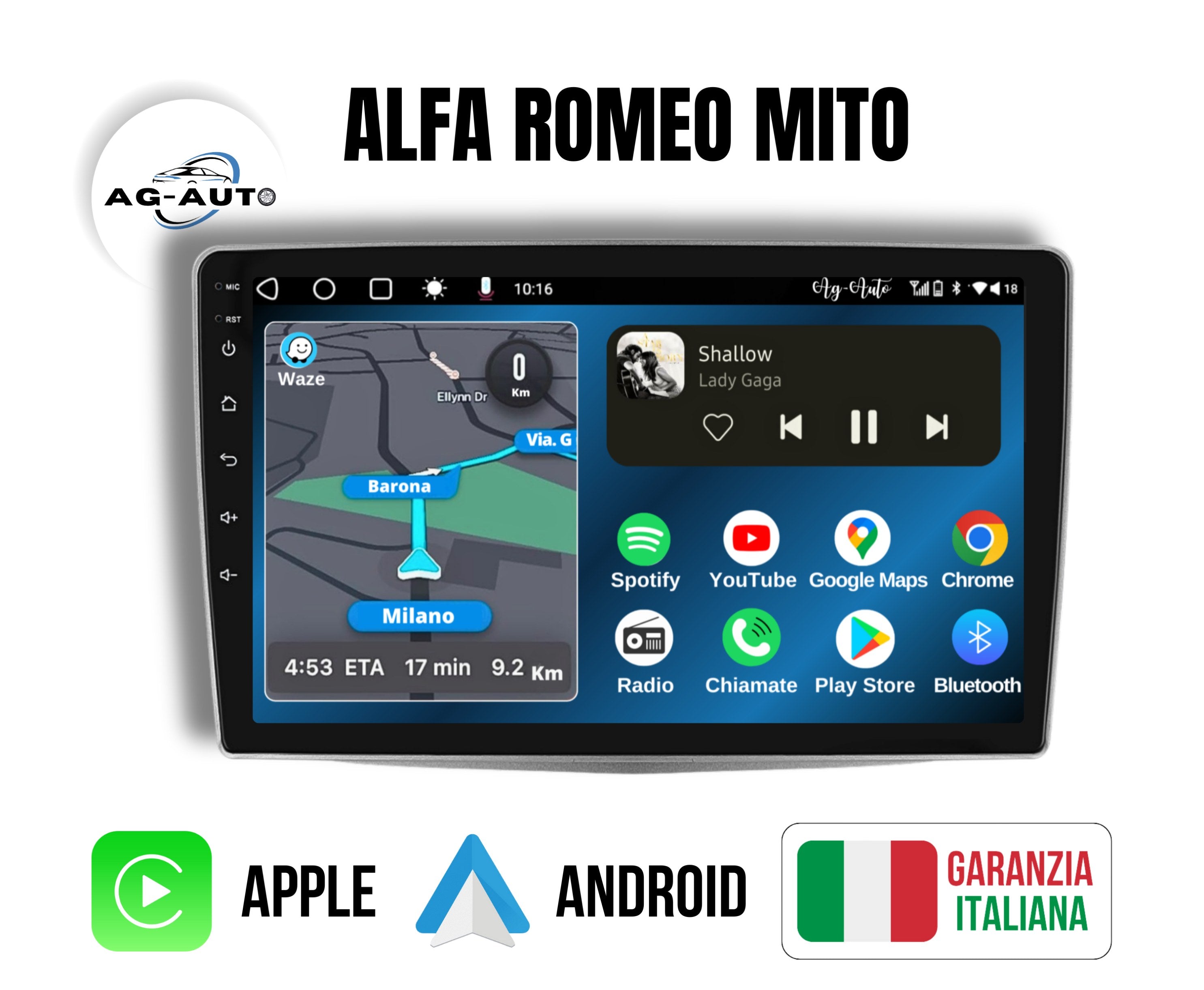 Alfa Romeo Mito (2008/2012) | 9 Pollici - Mascherina inclusa - Autoradio 2 Din Android auto + Carplay / Stereo Touch 2/32gb | Navigatore GPS + Bluetooth + Wifi
